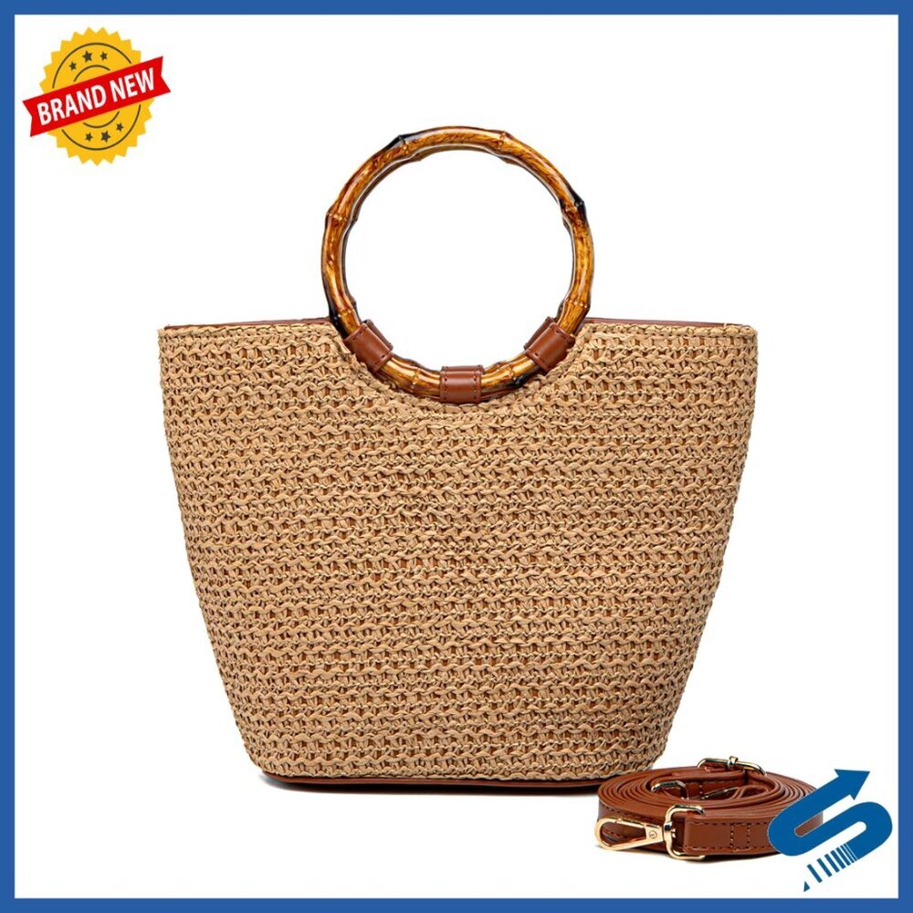Small Straw Tote Bag with Bamboo Handle, Detachable Strap, Summer Beach Purse